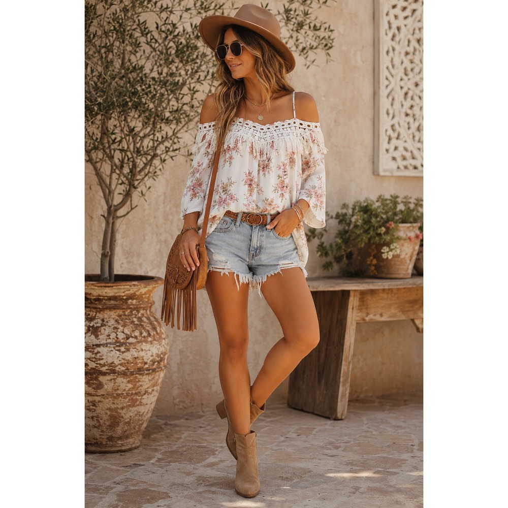Sadie & Sage Cold Shoulder Top Womens M White Floral Excellent Boho Fringe Lace